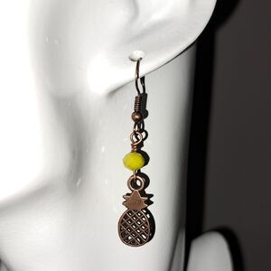 Yellow Faceted Glass Bead and Copper Pineapple Charm Dangle Earrings